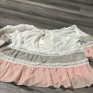 White and Pink Lace Trim Blouse